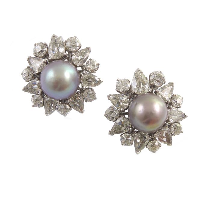 Pair of natural grey pearl and diamond flowerhead cluster earrings | MasterArt